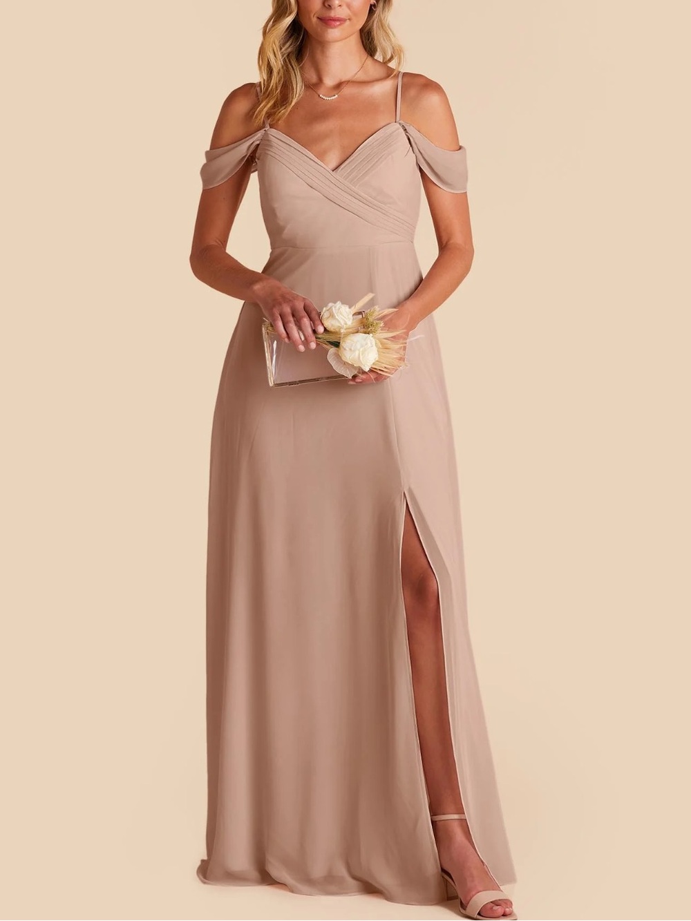 Birdy Green Taupe Spence Dress Ruched detail Pockets Bridesmaid Size Medium